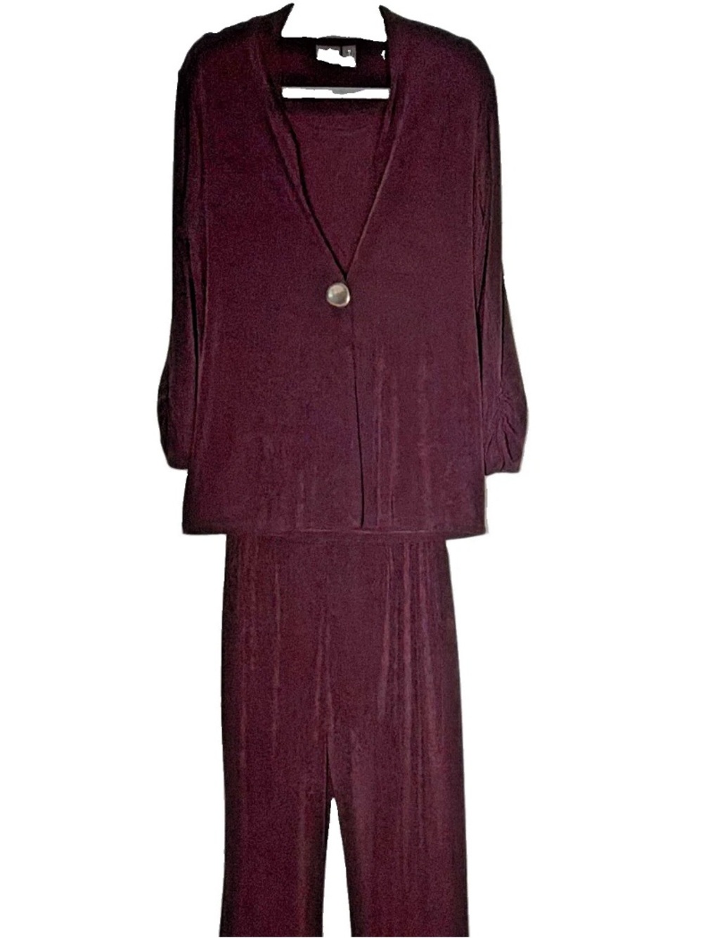 Travelers by Chico's Burgundy 3-Pc Jacket Tank Pants Set Regular Knit Size 1/M